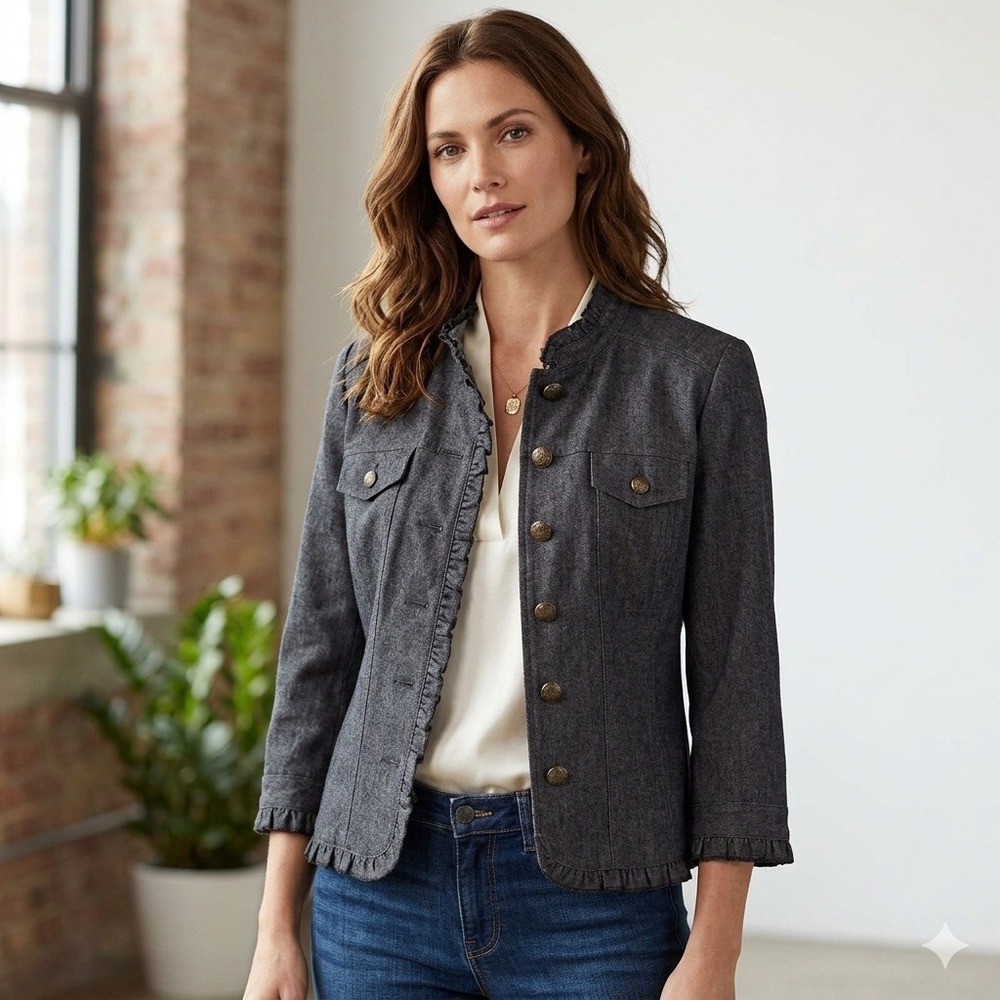 Sandro Ruffle Trim Denim Jacket Dark Wash Gray‎ Brass Crest Button Womens Large